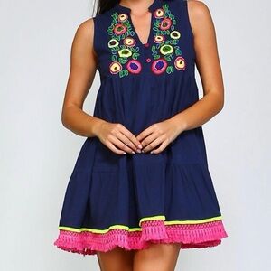 Velzera Beaded And Fringe Bohemian
Mini Dress In Blue
